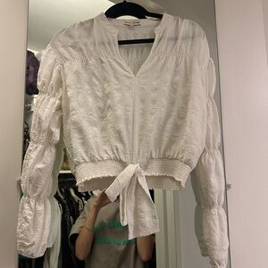 Moon River Textured White Tie-Waist Blouse